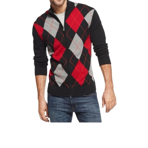 INC International Concepts Other - INC International Concepts mens size Large Black Red Zip Up Andie Argyle Sweater